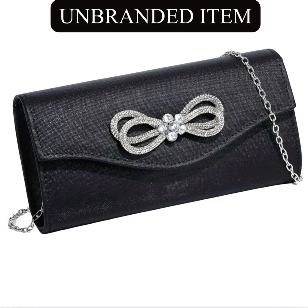 PURSE: Black & Silver Clutch w/Rhinestone Bow & Crossbody Chain, EUC
